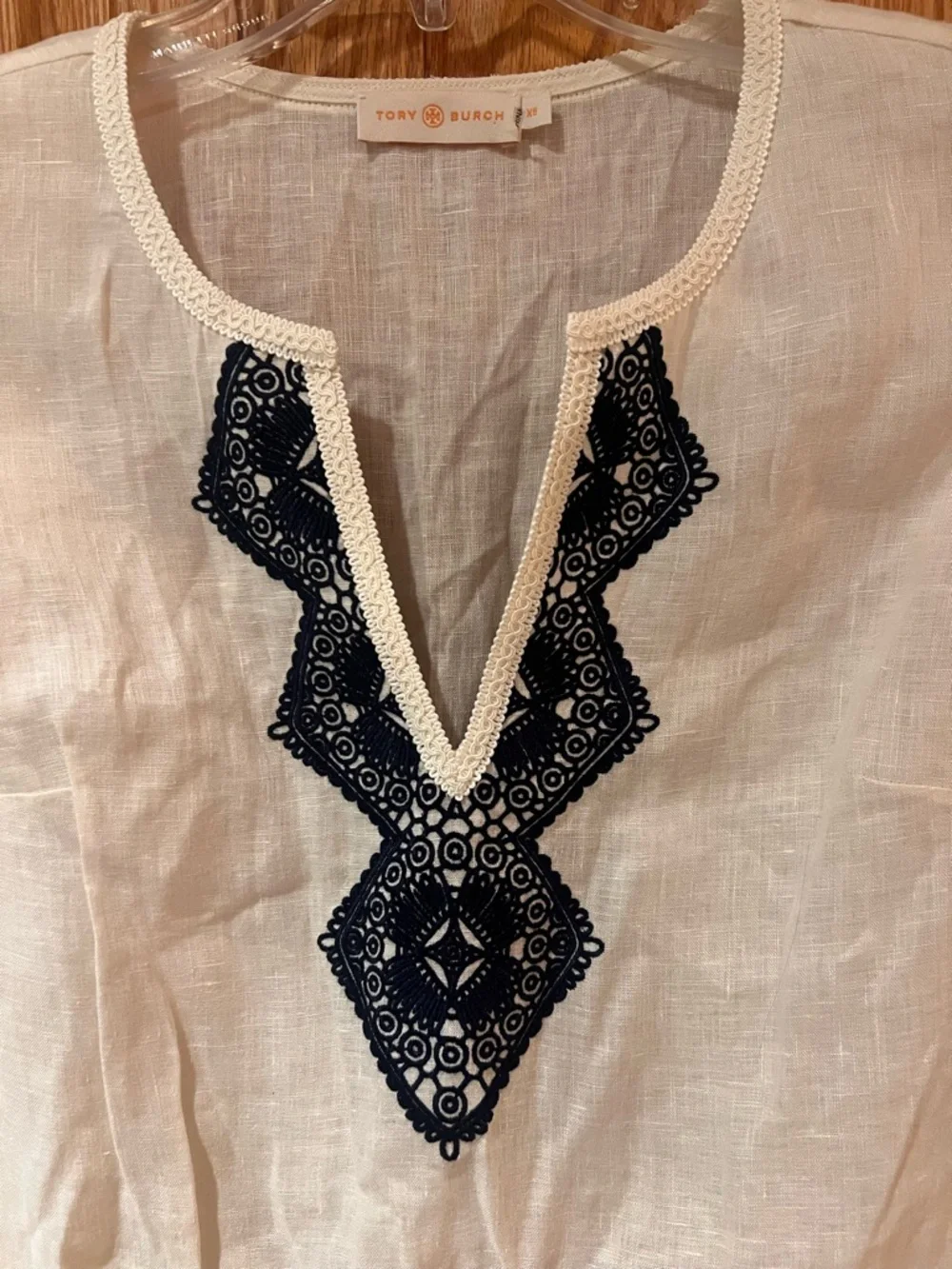 Tory Burch Margarita‎ Cream Linen Tunic Cover-Up Navy Blue Embroidery Size XS
